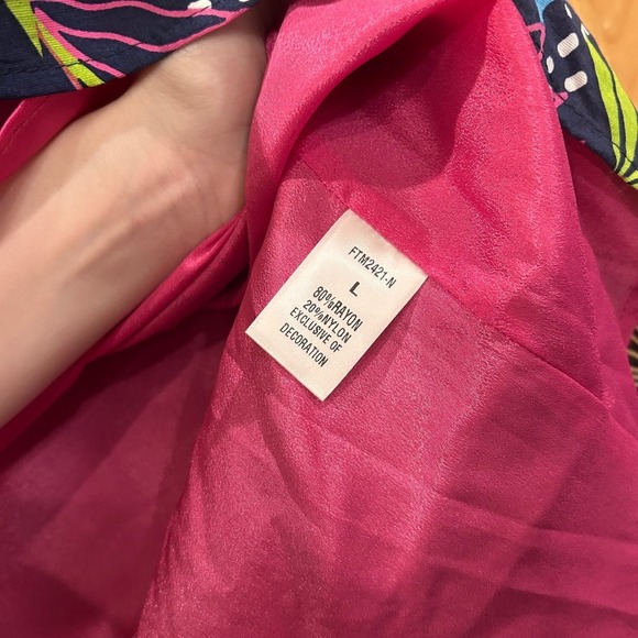 THML Women's Size L Navy Blue Colorful Leaf Print Tiered Short Sleeve Dress - Picture 7 of 8